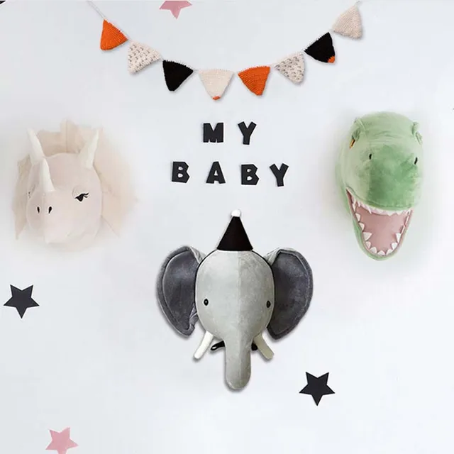3D Animal Head Dinosaur Wall Decor Elephant Deer Hanging Mount Stuffed Animal Plush Toy Princess Doll Girl Kid Gift Nursery Room 5