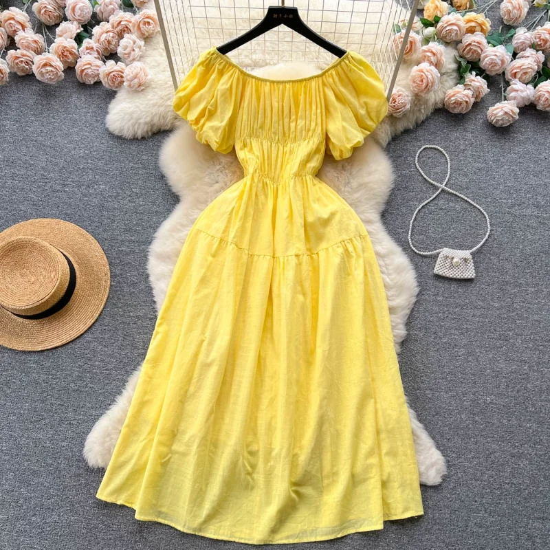 

Vintage French Vestidos De Mujer Elegant Slash Neck Puff Sleeve Chiffon Sweet Office Lady Robe Femme Summer Pleated Slim Dress
