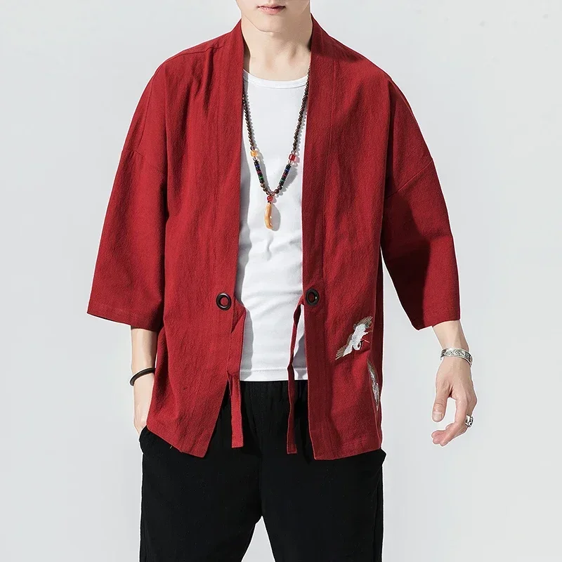Japanese Kimono Japanese Kimono Cardigan Japanese Kimono Shirt Cotton Linen Men Kimono Cardigan Japanese Obi Male Yukata Haori Thin Causal Samurai Clothing Traditional Streetwear Jacket