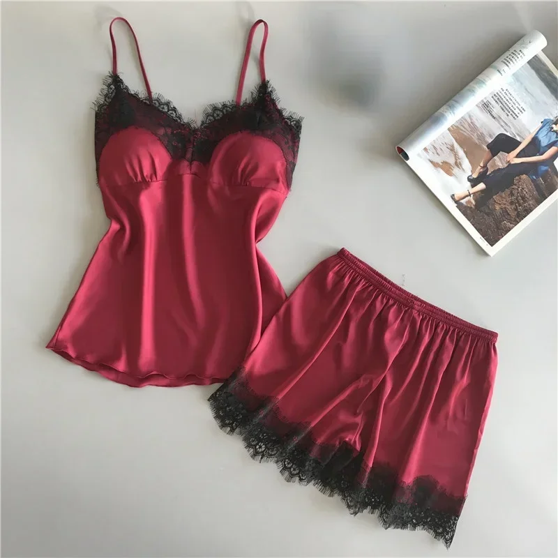 Women Pajamas Set Women Pajama Suit Sexy Lace Pajamas Suit Women V-Neck Sleepwear Lingerie Home Wear Nightwear Summer Casual Suspender Nighties Lounge Sets Clothes