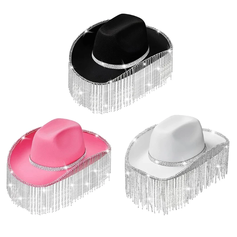 M2EA Rhinestones Cowgirl Hats Glitter Rave Cow Girl Hat with Rhinestones Fringe Adult Size Cowboy Hat for Party 3 Color cowboy hats cowgirl hats