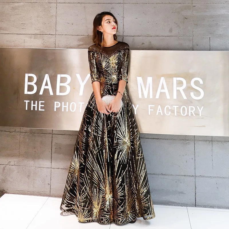 

Evening Dress Banquet Skirt Gold Sequined Annual Party Dinner shining long sleeve Black Golden Dance Dresses gala Ball Gown H223