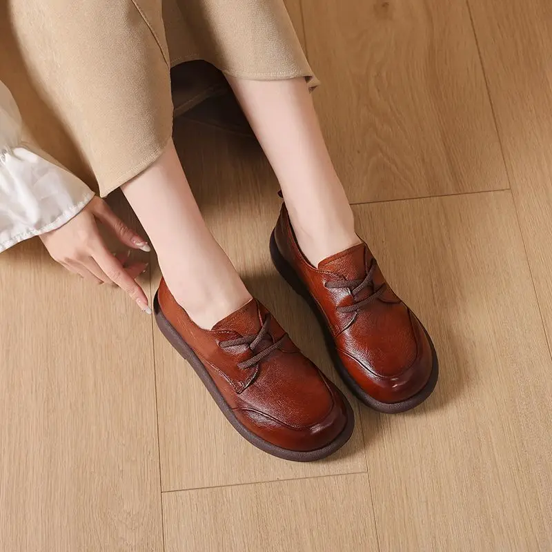 2026년 신상 천연 소가죽 플랫 여성 레이스업 옥스포드 슈즈 여성 봄 럭셔리 로퍼 여성 모카신 와이드 토 박스 슈즈