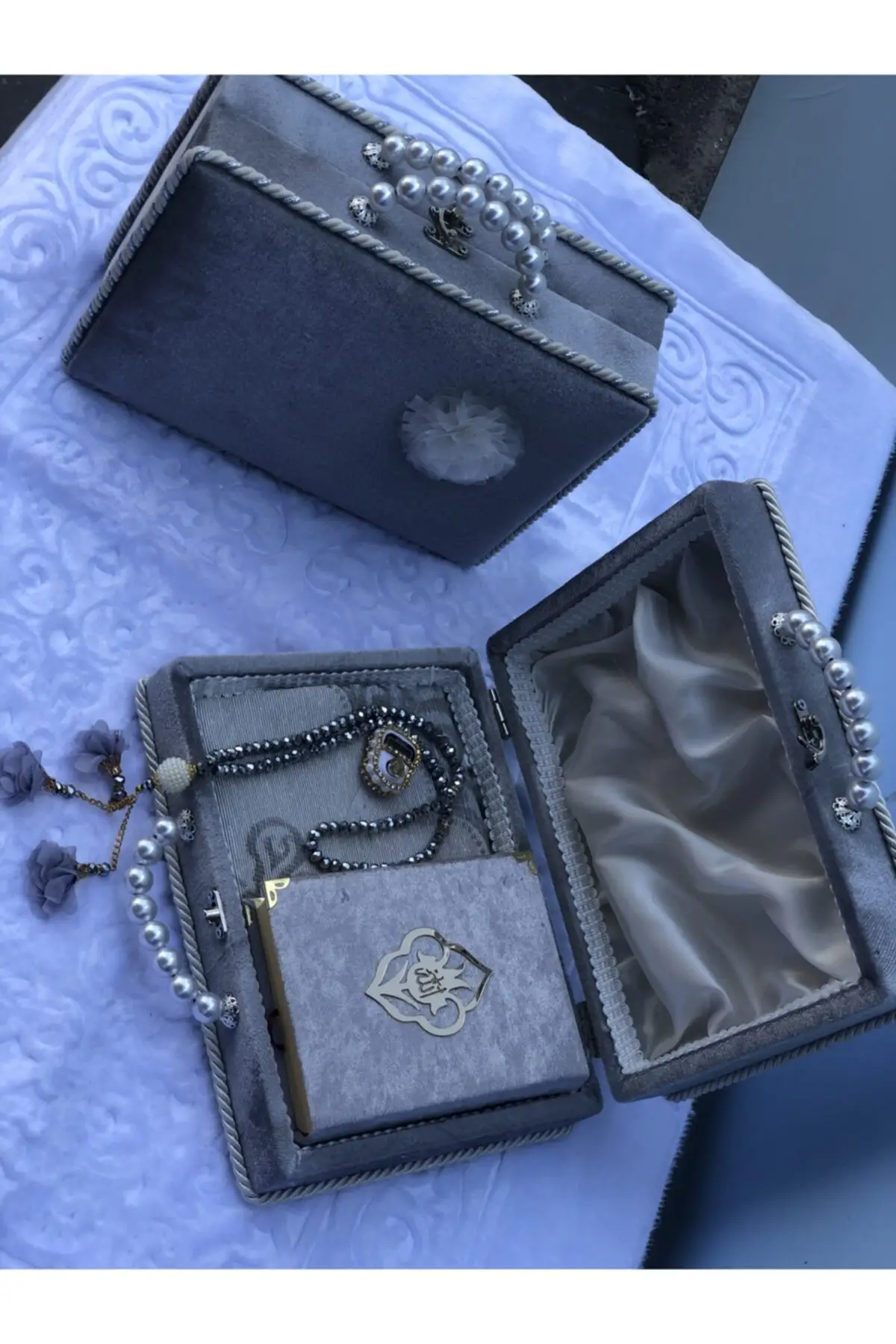 Dolbovi Bohstolen Dowry Gift Pearl Detailed Bag (Kuran, Prayer Rug, Prayer Rug, Rosary Set) Gray Meditation Rug