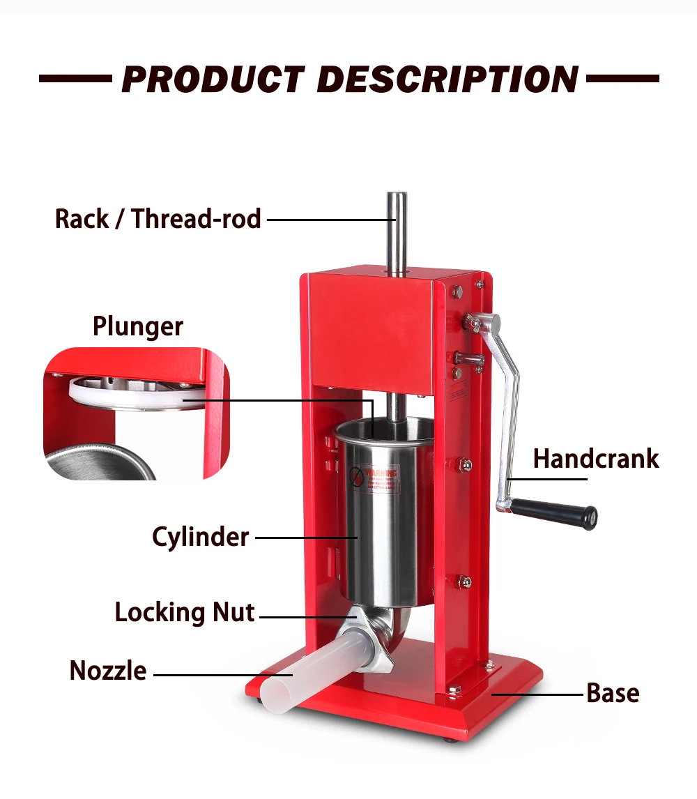 Description Picture 5 of itemITOP ST-3 3L Manual Meat Sausage Stuffer Stainless Steel Filler with 4 Nozzles Sausage Making Machine Meat Processor
