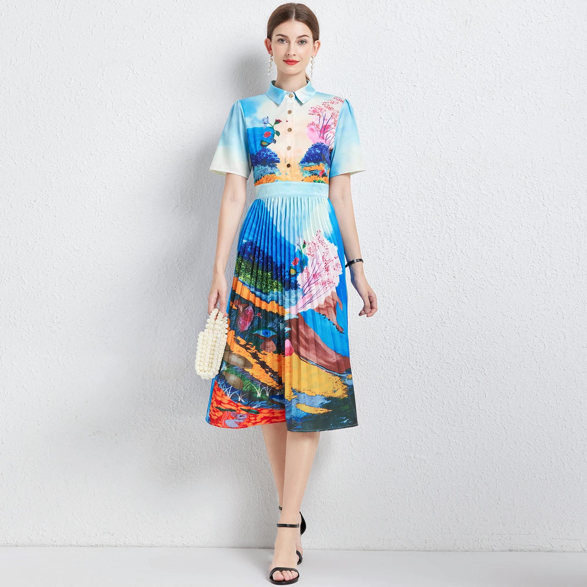 

Fashion Elegant Women Summer Shanshui flower printed shirt Vintage Pleated Skirts Turn Down Collar Single Breasted Beach Dresses