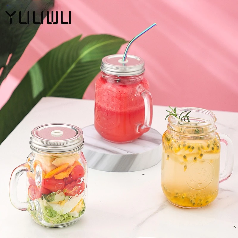 Mason Jar Glass Mug with Handle, Lid and Straw  Straw Mason Cup Summer  Portable Juice Cup Glass Drink Cup with Straw Lid