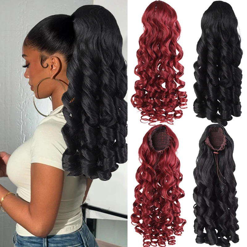 웨이브 헤어 포니테일 익스텐션 가발 합성 드로스트링 로만 컬 포니테일 헤어피..