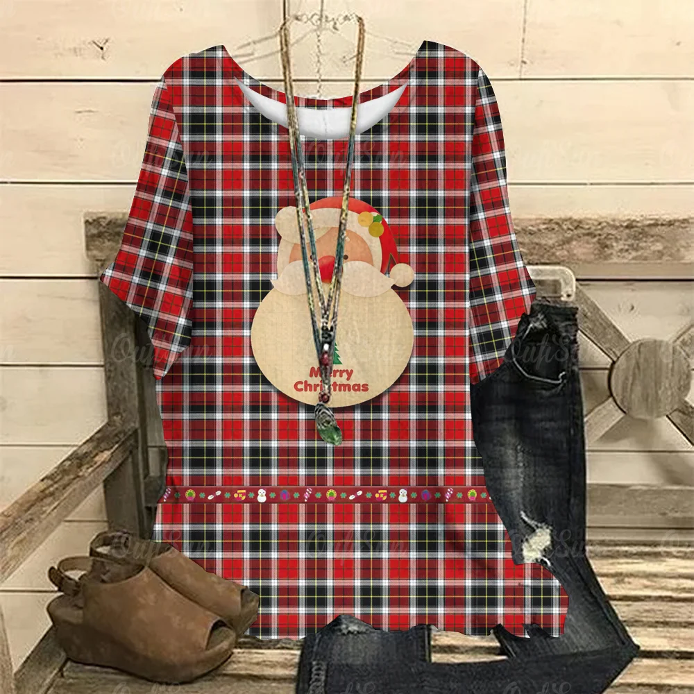 

Christmas Plaid Print Women's T-Shirt O-Neck Short Sleeve Tops Tees Oversized Female Pullovers Fashion Holidays Woman Clothing