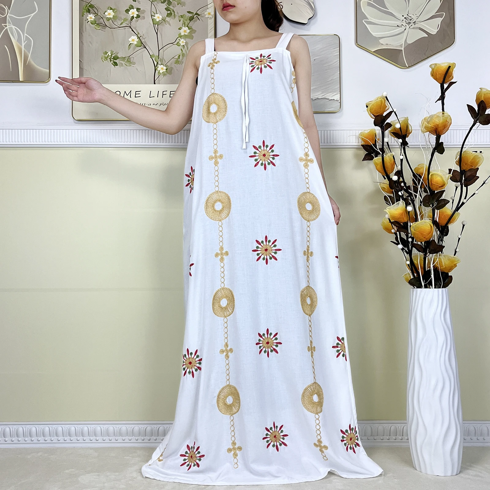 New Dubai Party Women Summer Sleeveless Dress With Big Scarf Cotton Embroidery African Lady Elegant Maxi Islam Casual Vestidos