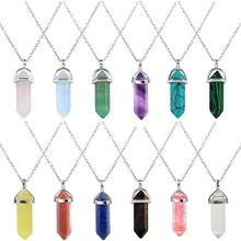 Hexagonal Crystal Pendant Necklace Reiki Multicolor Natural Crystal Pendant Link Chain Necklace For Women Jewelry