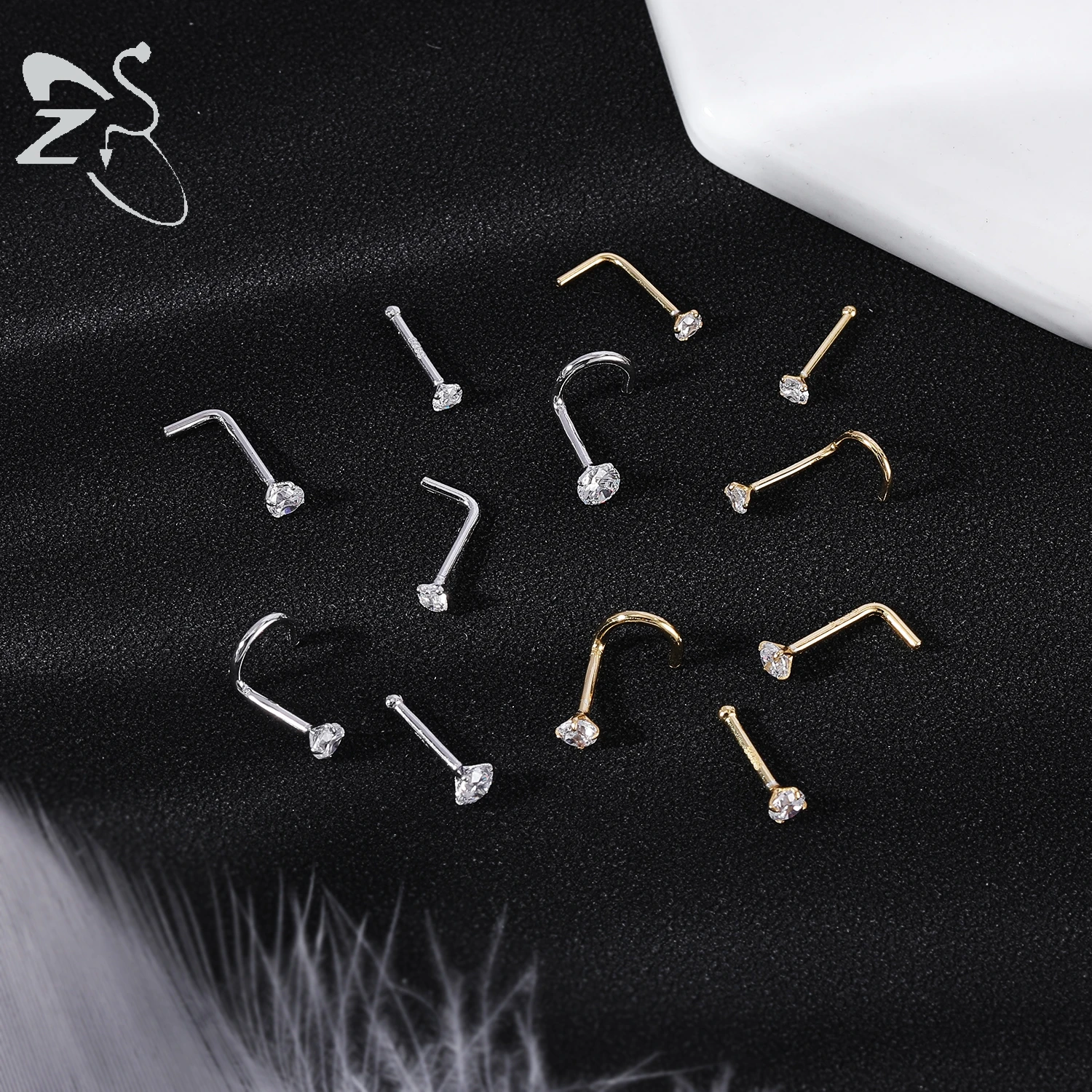 ZS 1PC 18/20G 925 Sterling Silver Nose Stud Gold Color Crystal Nose Piercings Screw L-Shape Retainer Nostril Piercing 2-3.5mm 3