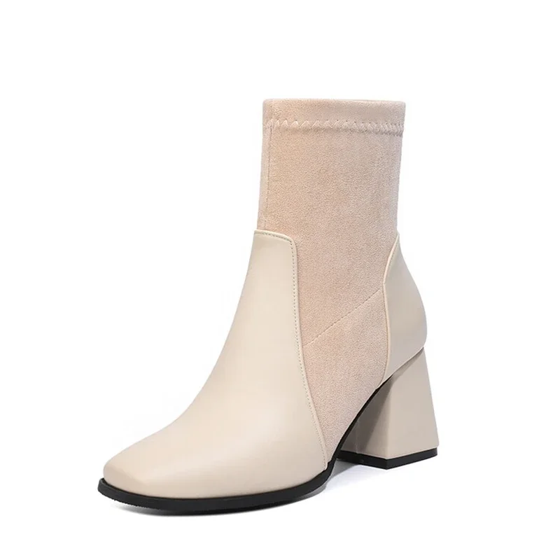 

BLXQPYT Botas De Mujer 2022 женские ботильоны плюшевые теплые зимние эластичные короткие носки сапоги с квадратным носком на каблуке готическая обувь женская