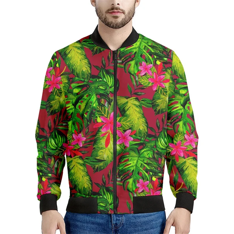 thumbnail image 1 of Chaqueta con cremallera y estampado de flores hawaianas para hombre, sudadera con estampado de plantas tropicales en 3D, sudaderas estilo bomber, abrigos de manga larga de gran tamaño, 1 of 4