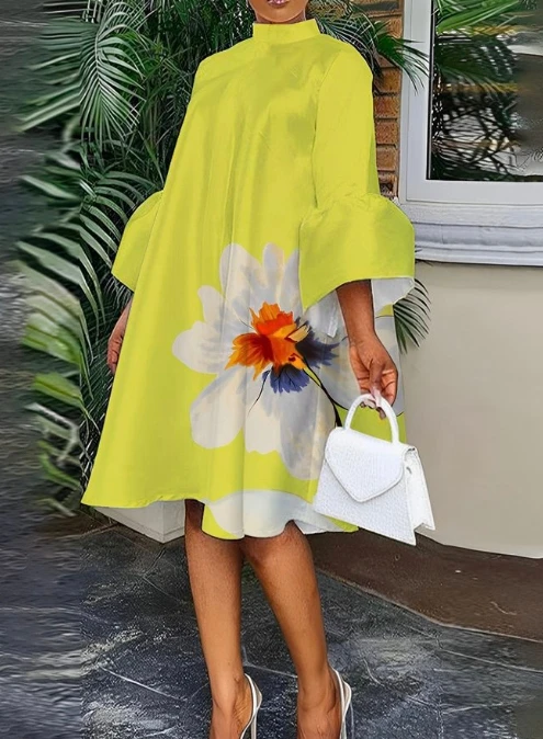 

Women's Dress 2023 Autumn New Fashion Shirt Dress Printed Puff Sleeve Round Neck Long Sleeve Loose Casual Dress