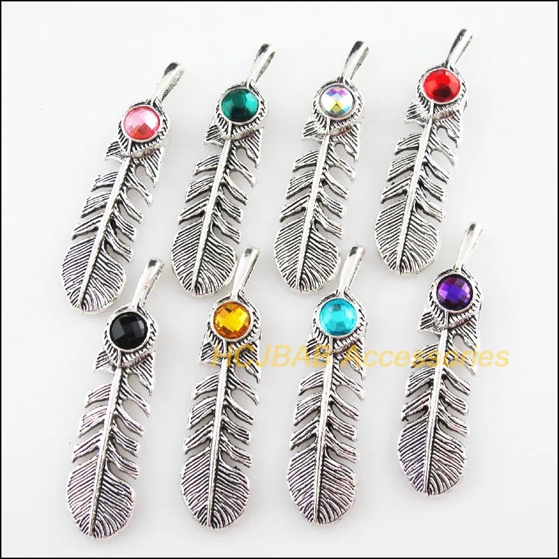 

Fashion 8 New Leaf Animal Feather Acrylic Mixed Charms Tibetan Silver Plated Pendant 12x48.5mm