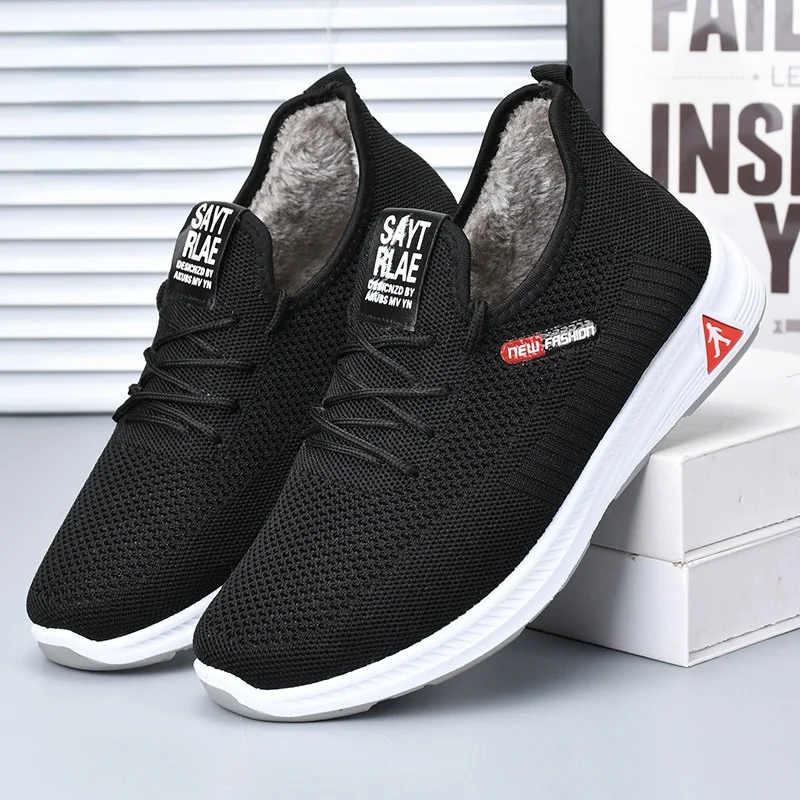 Men's Winter Sneakers Weaving Mesh Tennis Shoes Black Cotton Shoes Non