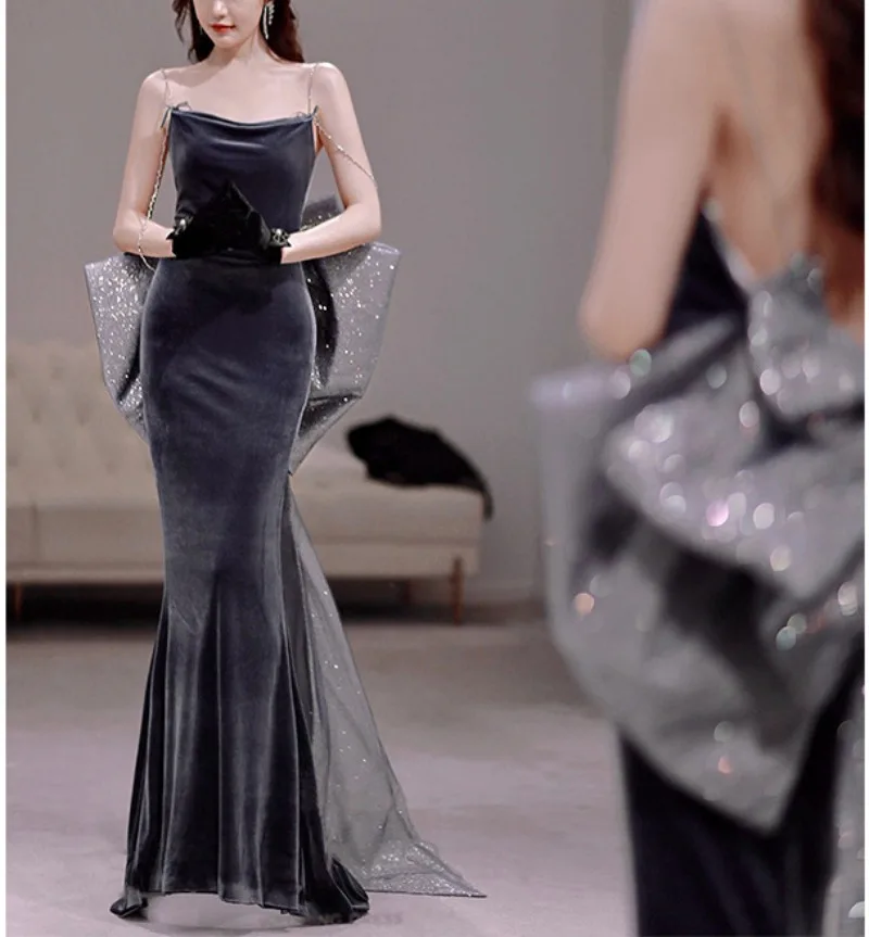 

Luxury Formal Velour Evening Dress Sexy Strap Birthday Trumpet Dresses Elegant Fairy Big Bow Train Gown Slim Fit Vestido
