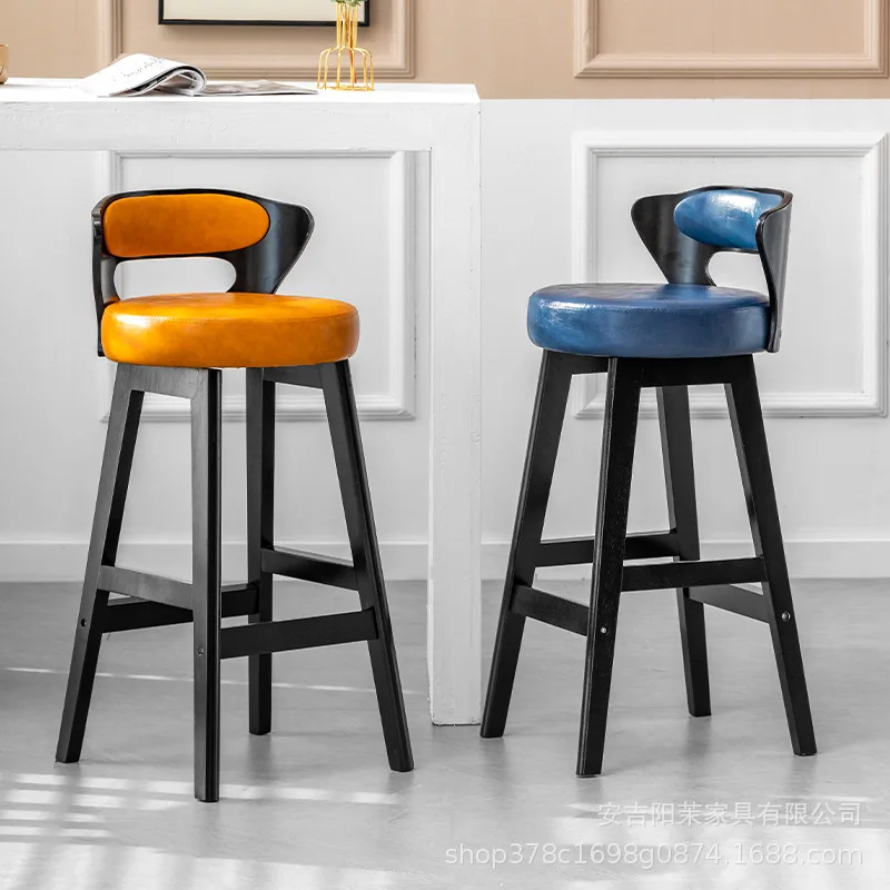 

EE1064Nordic light luxury backrest solid wood bar chair leather front desk bar chair home