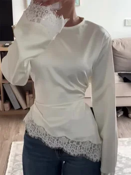 Elegant Satin Lace Patchwork Top Women Casual O-neck Loose Long Sleeves Strappy Female Shirt 2026 Spring Lady Fashion T-shirt 1