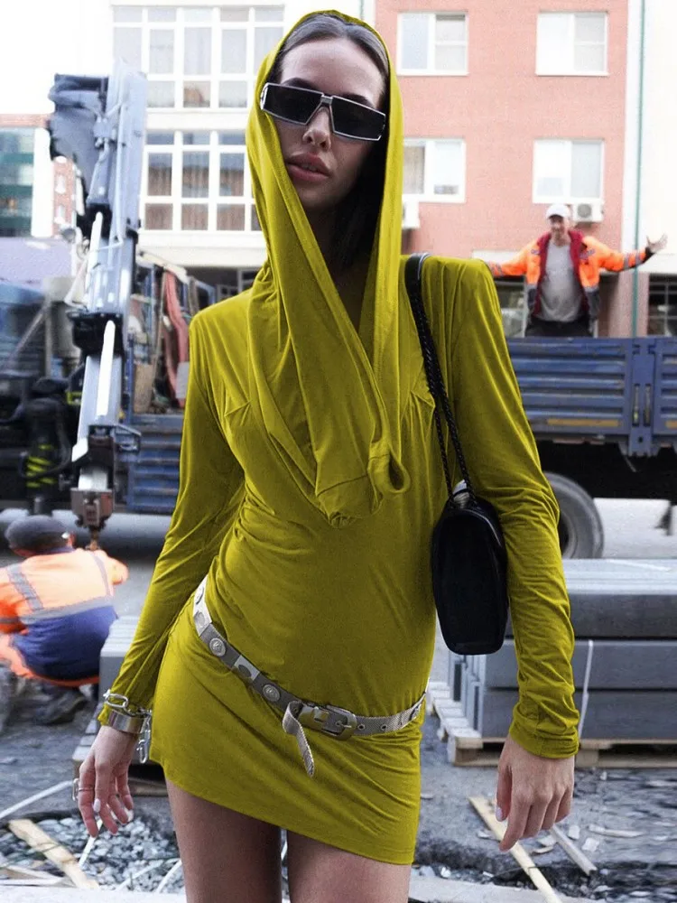 Elegant Deep V Hooded Long Sleeve Solid Bodycon Eveing Dress Mini Wholesale Prom Ladies Dress Autumn Fashion Casual Dress