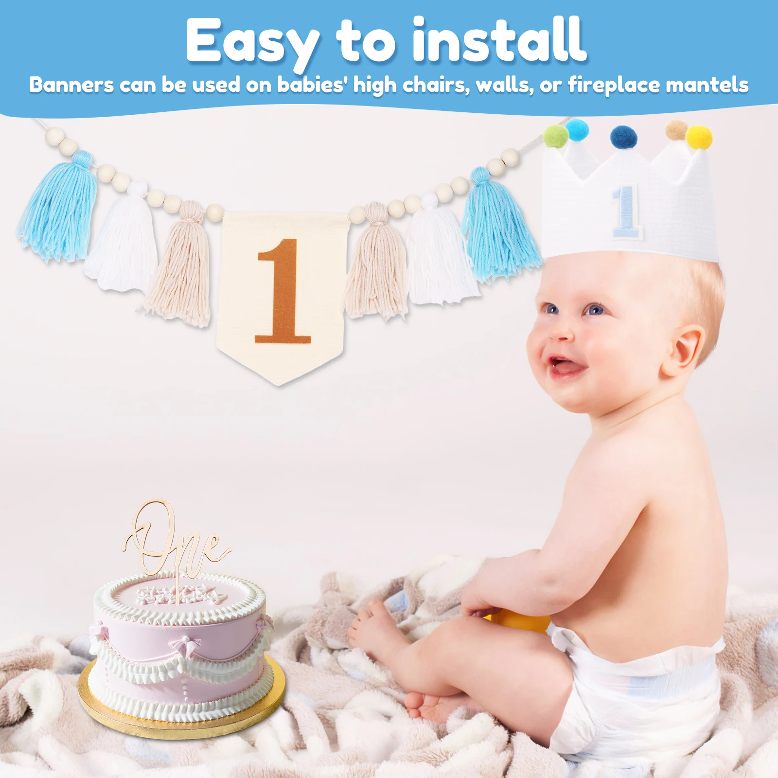 3pcs Baby First Birthday High Chair Banner Crown Hat and Cake Topper Boy Girl One Year Old Birthday Party Decoration Supplies