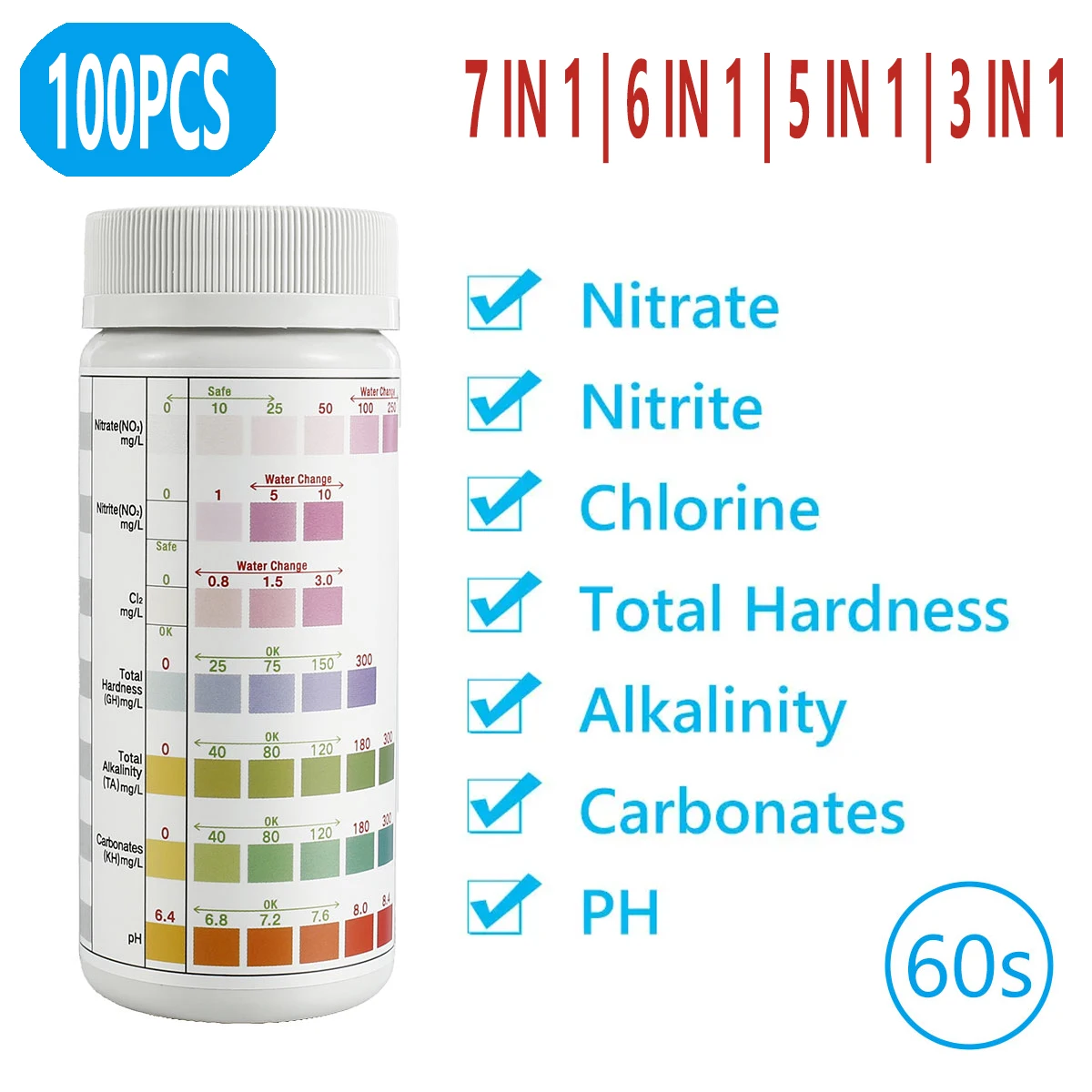 Aquarium Test Strips 100pcs Aquarium Test Strips 7-IN-1/ 3-IN-1 Fish Tank Test Kit