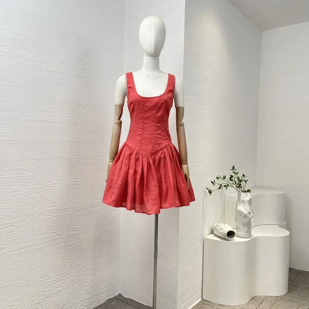 

Женское льняное мини-платье, Красное Облегающее Платье из льна без рукавов с квадратным вырезом и открытой спиной, 2024