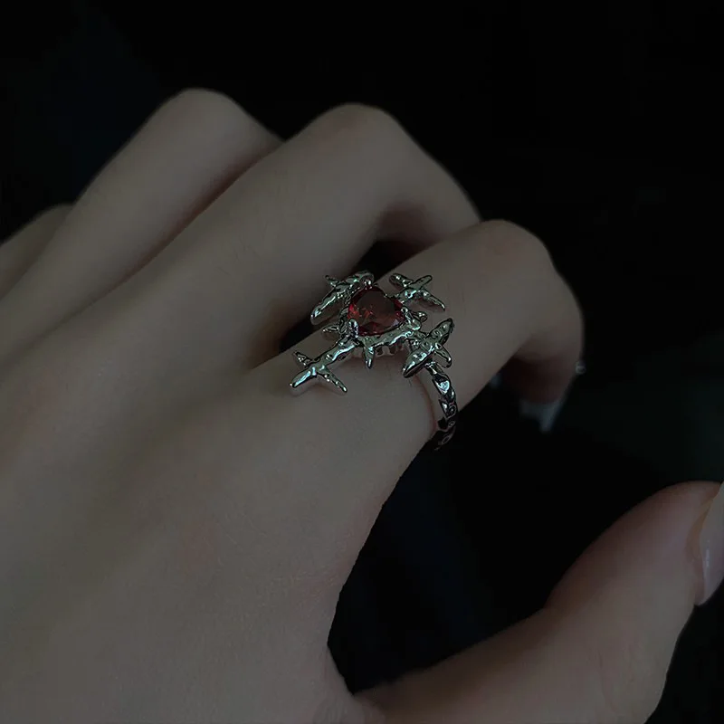 Punk Aesthetic Red Zirconia Heart Cross Open Ring Women Hip