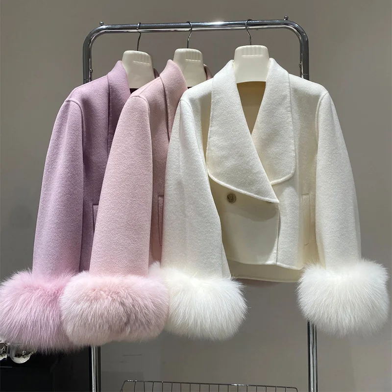 

New Women Short Double-sided Wool Coat Fashion Fox Fur Cuff Slim Warm Lapel Long Sleeve Soft Fur Coats Female Fit Autumn Winter
