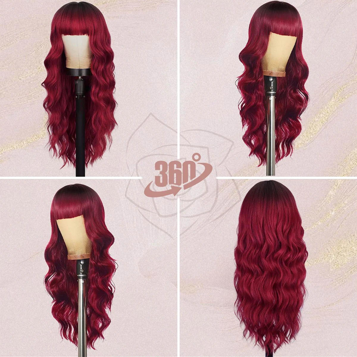 Synthetic Long Wavy Red Ombre Wig with Bangs - 26 Inch curly Wig for Women Natural Looking Soft Halloween Cosplay Constume Wigs
