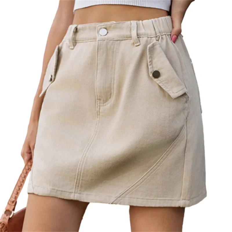 

Women New Pockets Flap Button Elastic Waist Denim Skirt Washable Summer Casual Commuter Half-body Dress Female Trend Streetwear