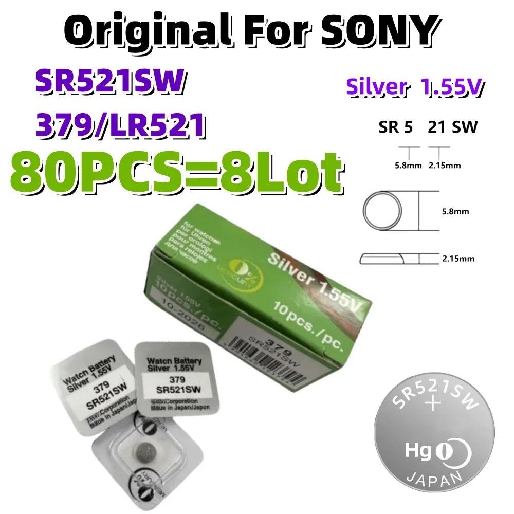 

80PCS Original For SONY LR521 SR521 Button Batteries SR521SW 379A 379 179 SR63 1.55V Alkaline Coin Cell Silver Oxide Watch