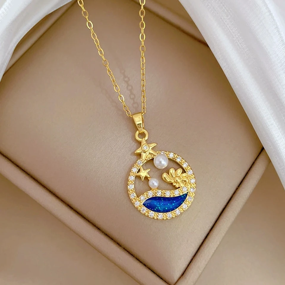Rockyu Gold Sun And Moon Pendant Necklace - Hypoallergenic Stainless Steel Celestial Jewelry