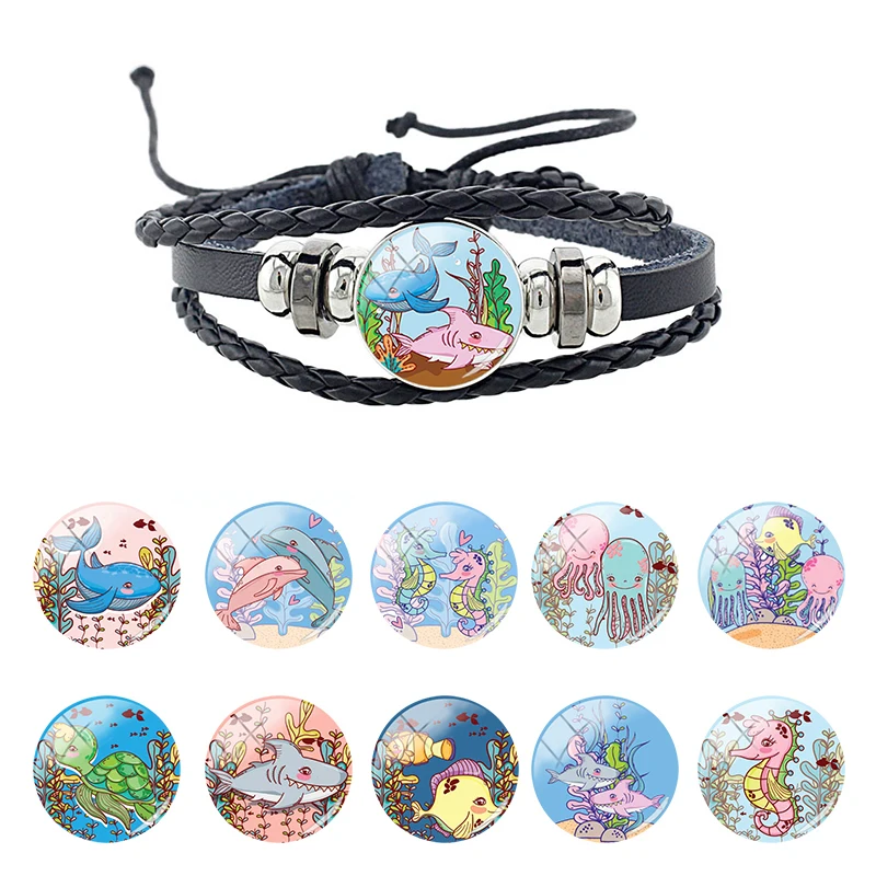 

JOINBEAUTY Cute Marine Animals Dolphins Shark 18MM Glass Cabochon Dome Multilayer Weave Cord PU Leather Bracelet Jewelry FHW681