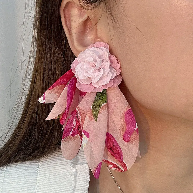 

Flower Large Dangle Earrings Women's Fashion Trend Bohemian Layered Chiffon Fairy Elegant Floral Jewelry Earrings Accessories