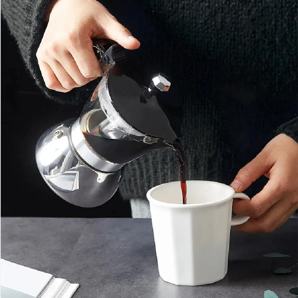 Cafetera Moka de acero inoxidable, máquina de café italiana para hacer Espresso rápido, hervidor de cerveza para el hogar, estufa eléctrica, 4-6 tazas