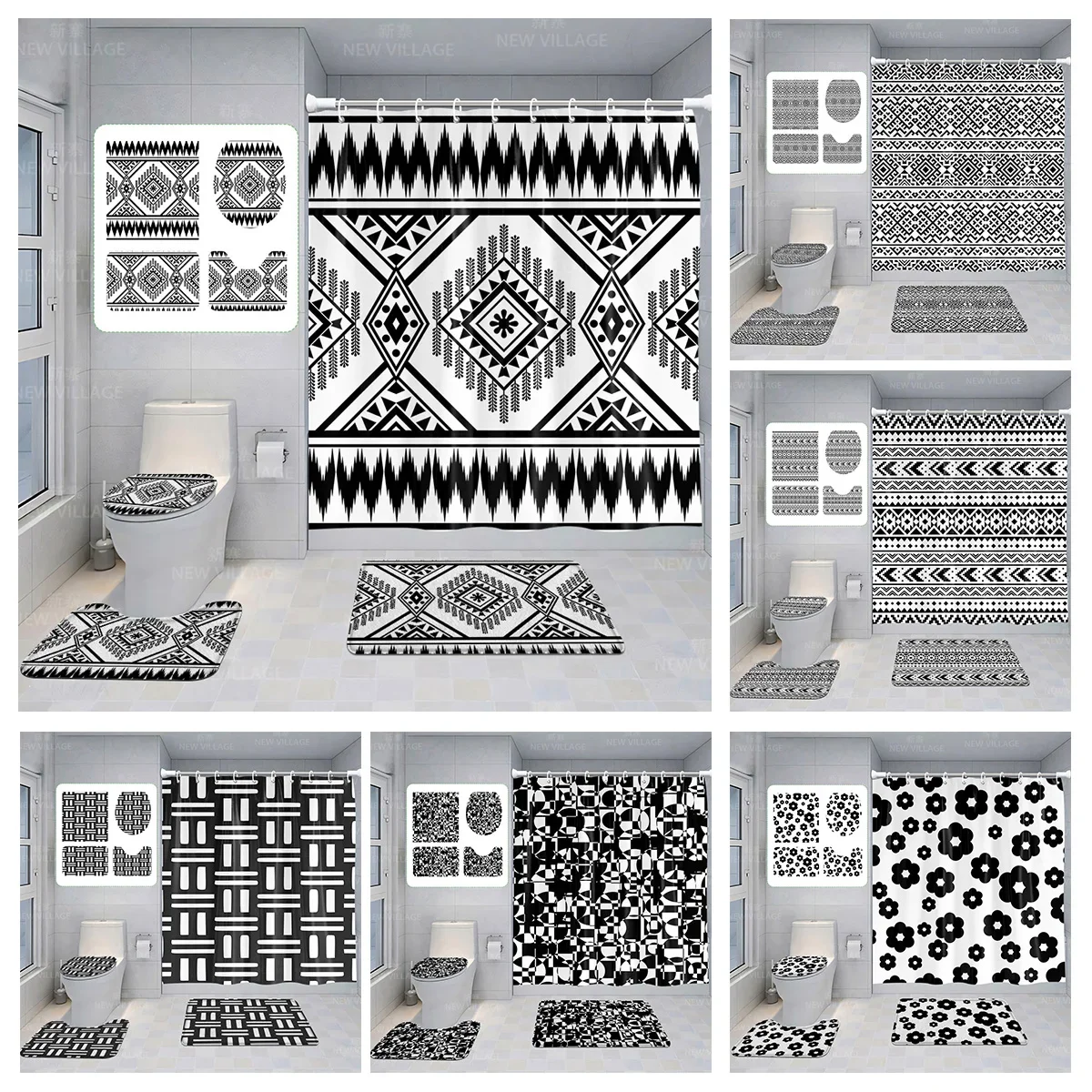 Home shower curtains bathroom Decora waterproof fabric non-slip bathmat water absorption curtain Modern geometric nordic simple 6