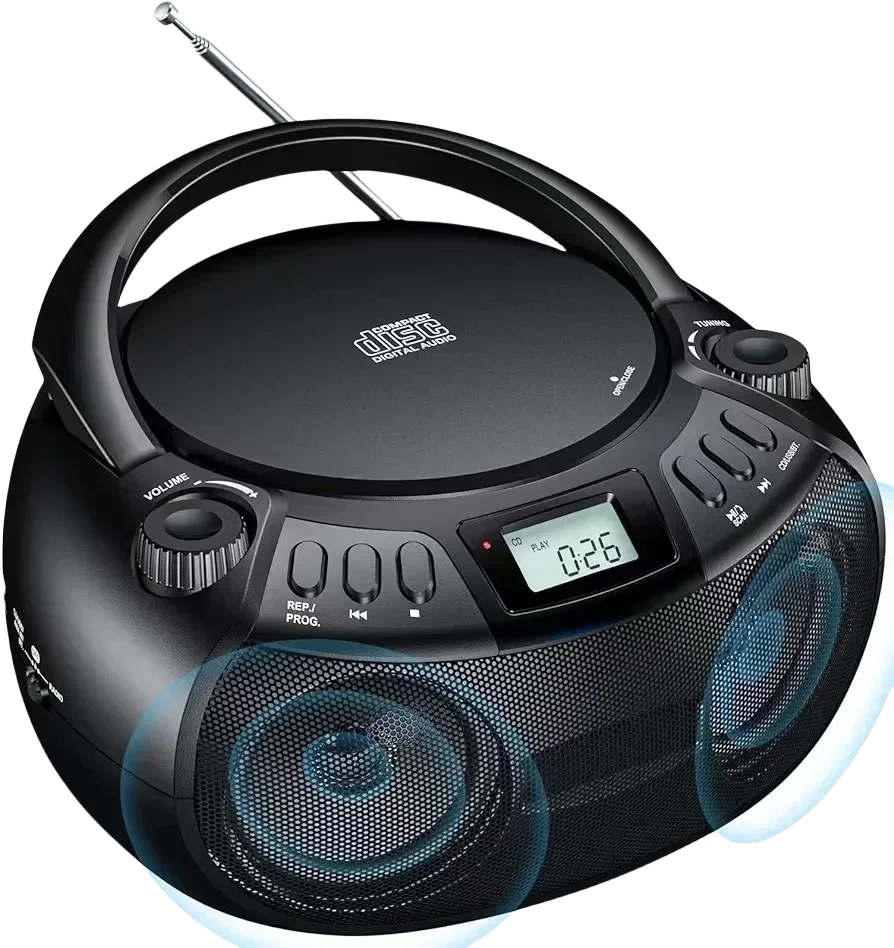 Portable CD Player Boombox with AM/FM Radio, Wireless Connectivity, USB/AUX Input & Stereo Speakers - Supports CD/CD-R/CD-RW/MP3