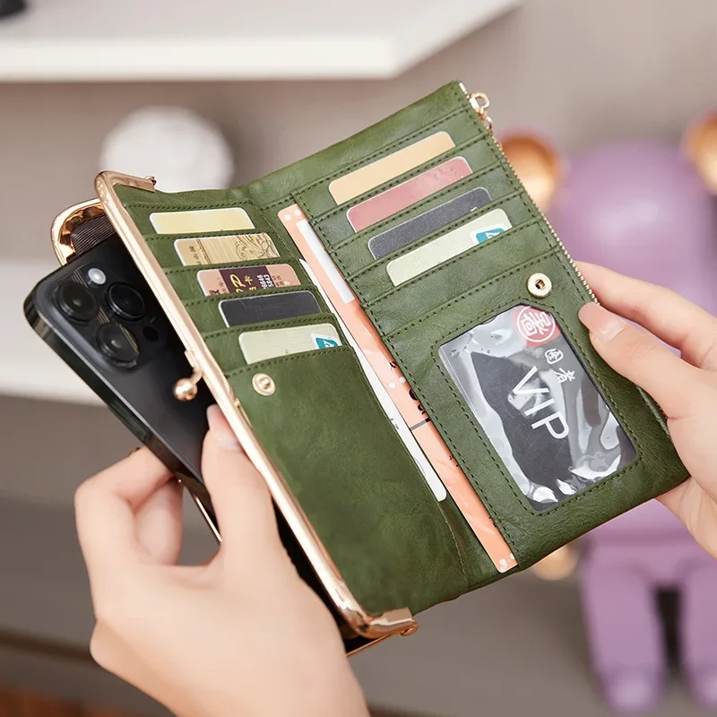 

New Fashion Trend Net Red Matching Solid Color Vintage Clip Long Wallet Multi-functional Folding Purse Portable