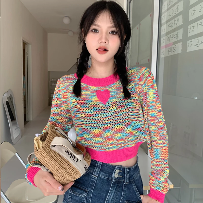 

Y2k Girl Colorful Love Pullover Sweaters Women O Neck Long Sleeve Basic Knit Sweater 2022 Autumn Korean Fashion Knitted Crop Top