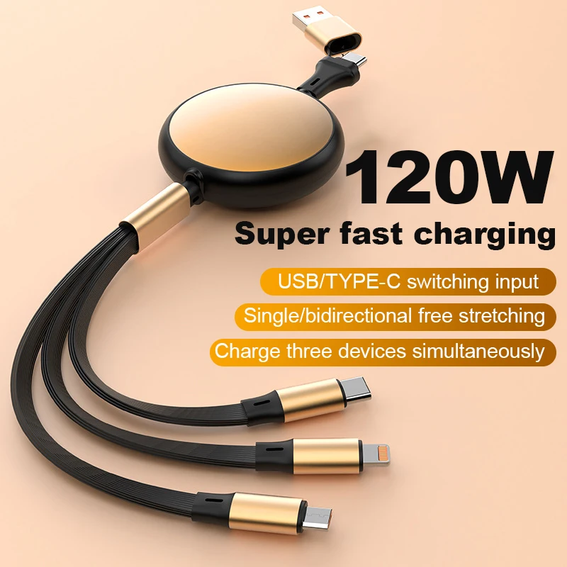 5A 120W 3 in 2 고속 USB C 케이블 (화웨이/아너용) 접이식 휴대용 마..