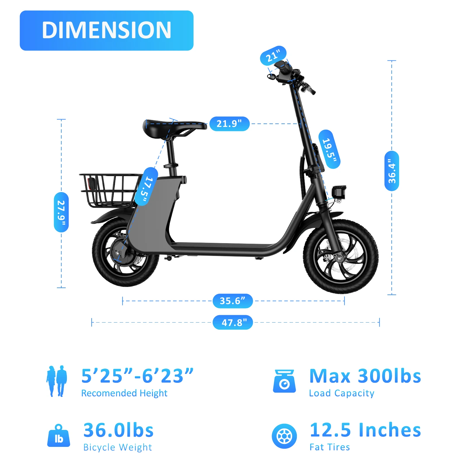 HEZZO Folding Electric Scooter 630W Peak Motor 15.5mph Max Speed 14 inch Folding Electric Bike W/ 36V 8Ah Battery Range 31 Miles