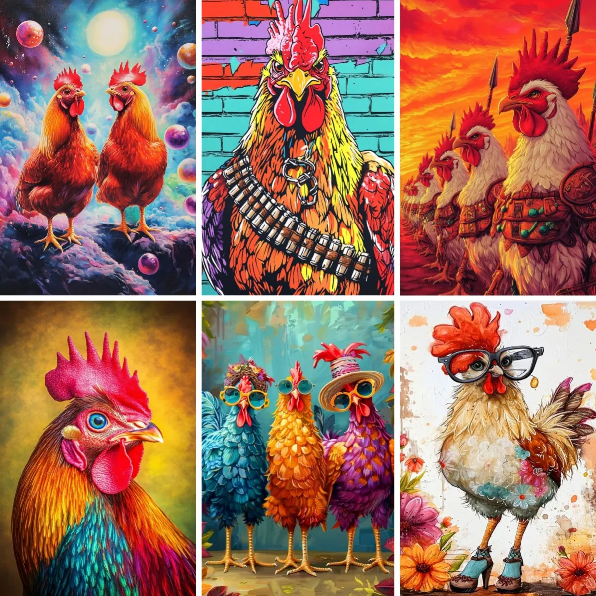 Samurai Chicken Art Full Drill 5D Diamond Painting by Number Kits for Farm Decor , Rooster Animal Warrior , Bold Home Artwork