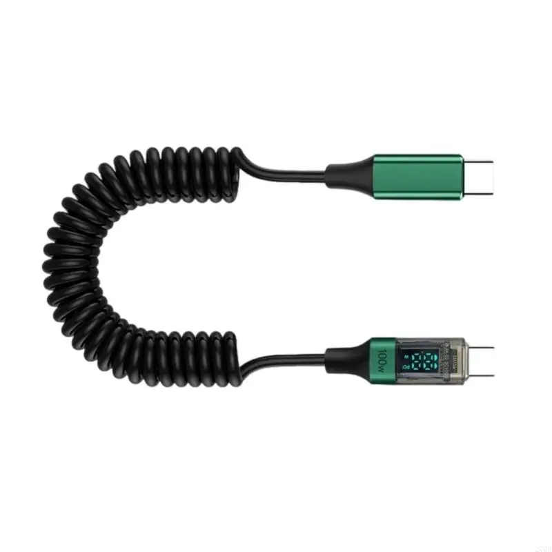 100W 초고속 USB C 케이블 스프링 코일 신축성 코드 디지털 디스플레이 안전 충전 휴대폰용 대용량 전원 공급