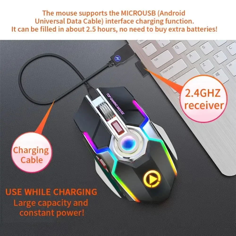 YD A5 A7 RGB 백라이트 충전식 무선 게이밍 2.4G 마우스 USB 7버튼 1600DPI 게이머 무소음 마우스 PC 노트북용