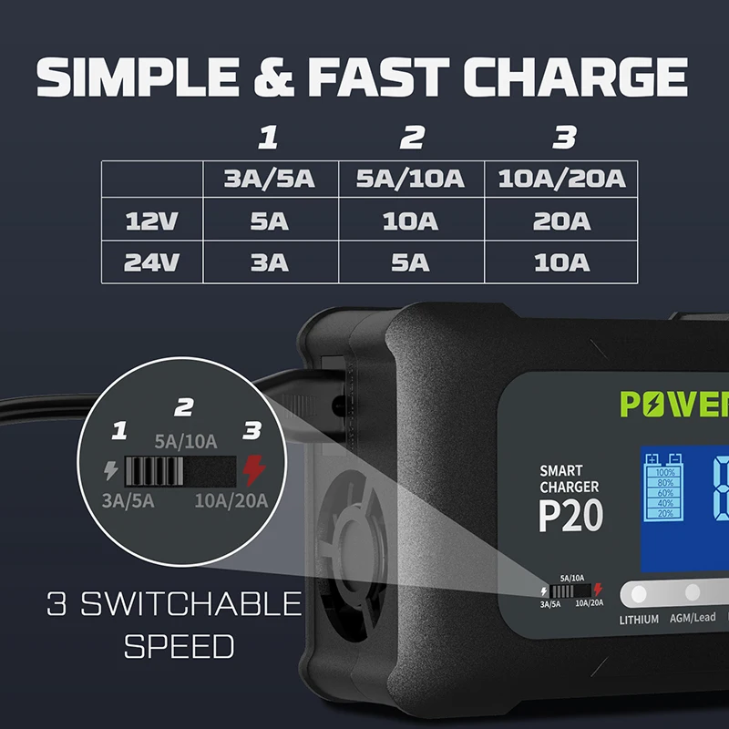 LifePO4 Smart Charger 12V 100Ah/1280Wh P20 20A 12V20A 24V10A Automatic LCD AGM Lead-Acid Lithium Pulse Repair for POWERWIN BT100 lithium battery