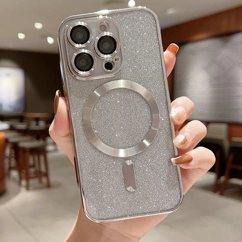 thumbnail image 1 of For Magsafe Electroplate Lens Protector Phone Case For iPhone 15 11 12 13 14 Pro Max Plus Wireless Charge Bumper Glitter Cover, 1 of 5