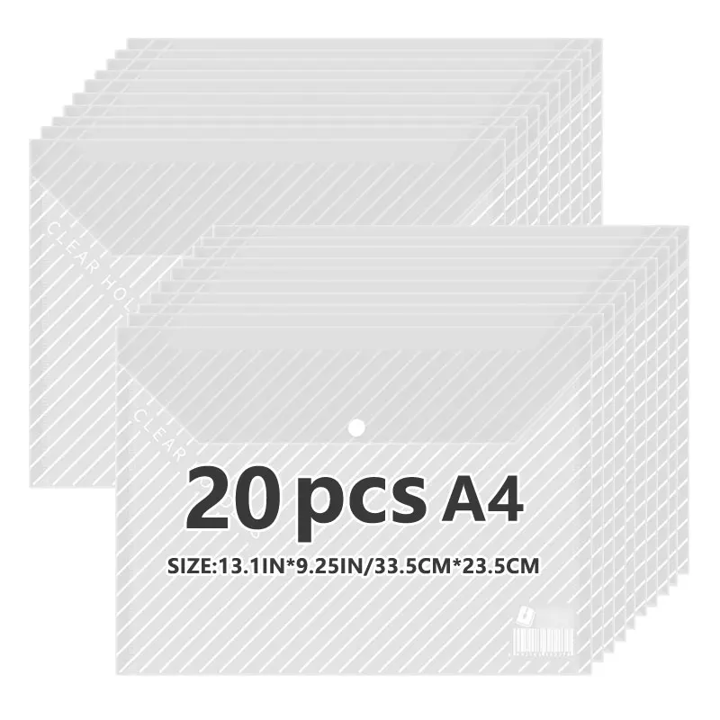 Sac à documents transparent en matériau PP étanche, sac à boutons de bureau pour étudiants, A4, multi-spécifications