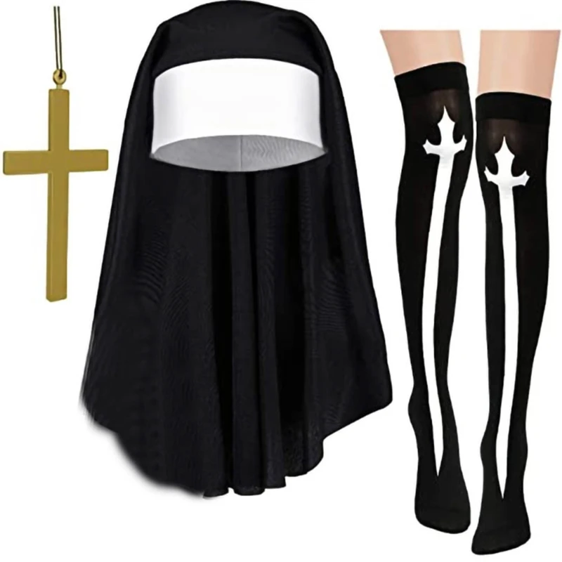 

3Pc Halloween Nun Costume Accessories Nun Hat Cross Pendant Necklace Cross Thigh High Socks for Halloween Cosplay Party